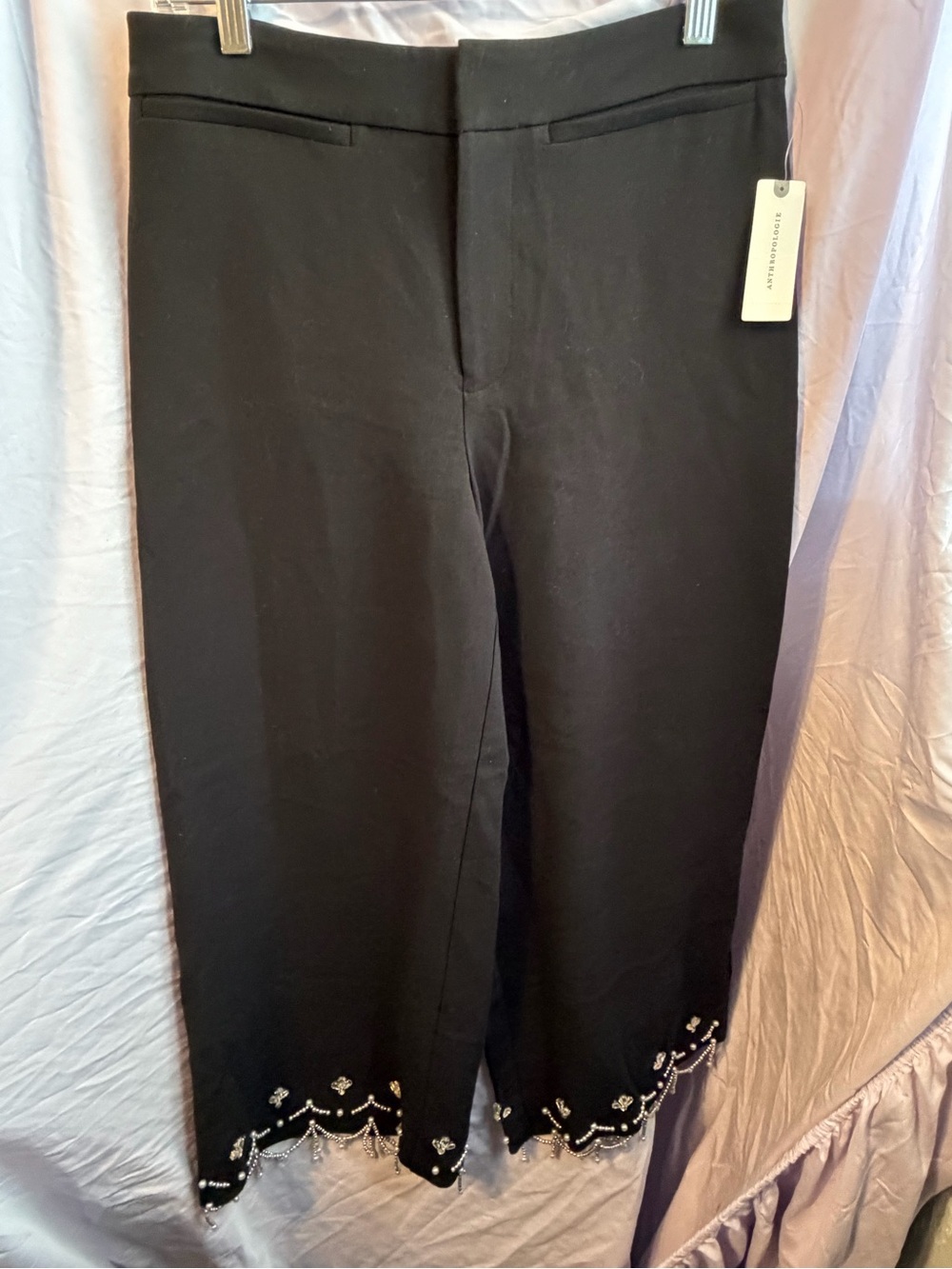 Anthropologie Black Embellished Hem Capri Pants